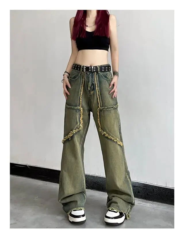 Spring and Autumn Fleece High Waist Jeans Women's Straight Loose Large Pockets Made of Old Floor Pants Wide Leg Pants Versatile