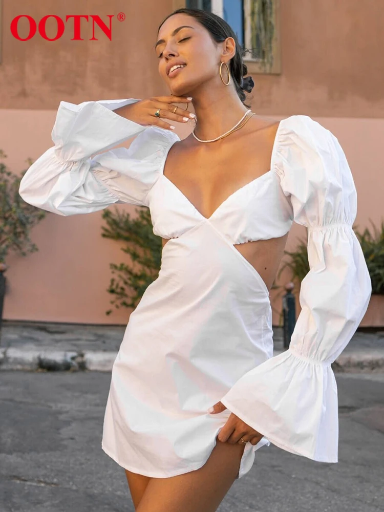 

OOTN Sexy Street Summer Dress Hollow Low-Neck Puff Sleeve Stretch Women Bodycon Dress Mini Club Y2k Female Pencil Dress Pleated
