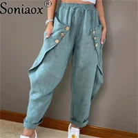 2022 spring new womens harlan pants casual high waist pocket button trousers ladies vintage harajuku chic solid color bottoms
