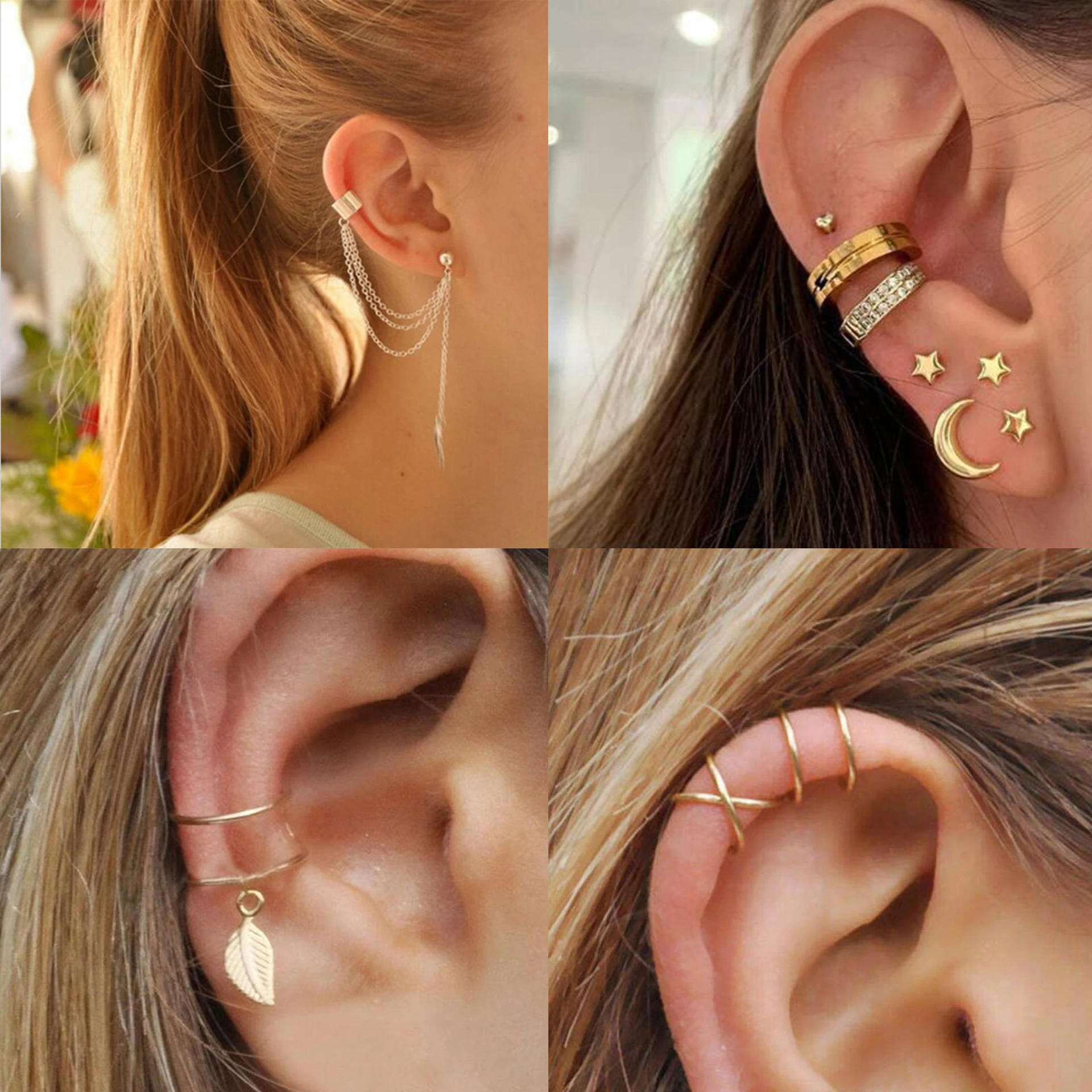 

1Pc Gold Leaves Ear Cuff Silver Non-Piercing Ear Clip Earrings for Women Men Fake Cartilage Earring Cuff Trend Jewelry Wholesale
