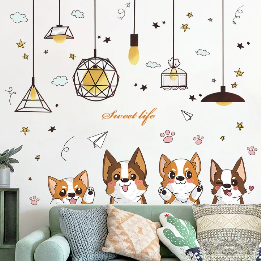 Cute Dog Footprint Atmosphere Lamp Cartoon Star Wall Sticker Living-room Boys Girls Kids Room Background Decoration Decor Poster
