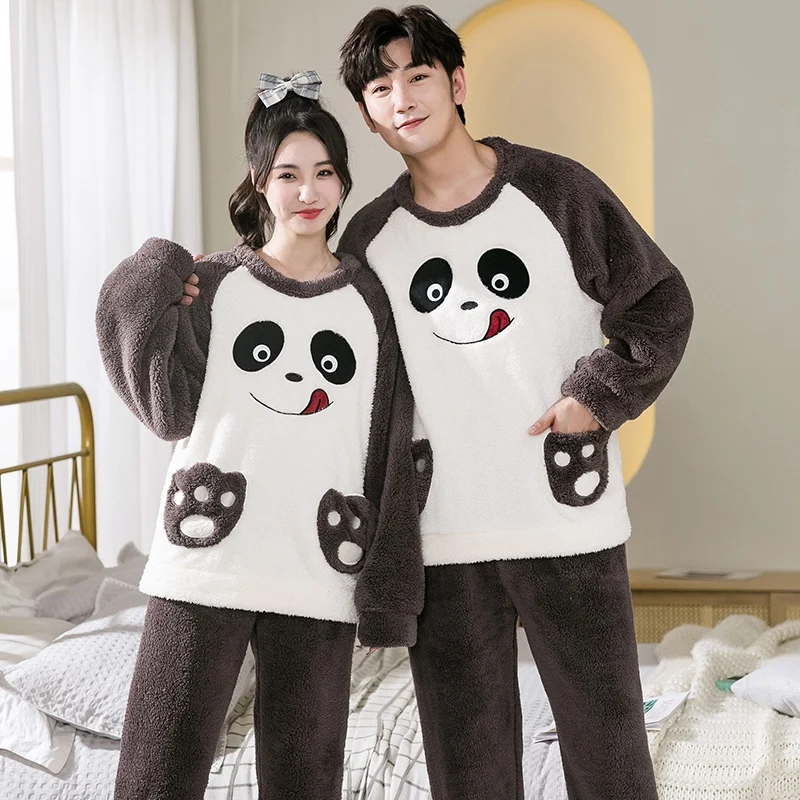2022 Winter Couple Long Sleeve Thick Warm Flannel Pajama Sets For Men Korean Cute Cartoon Sleepwear Women Homewear Home Clothes