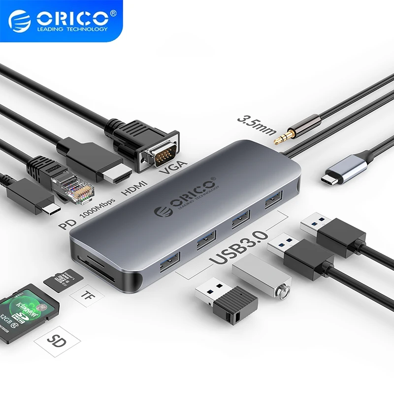 

ORICO MC-U111P USB C HUB To USB3.0 HDMI Compatible VGA 100W PD RJ45 Card Reader Audio Adapter Base MacBook Pro Splitter