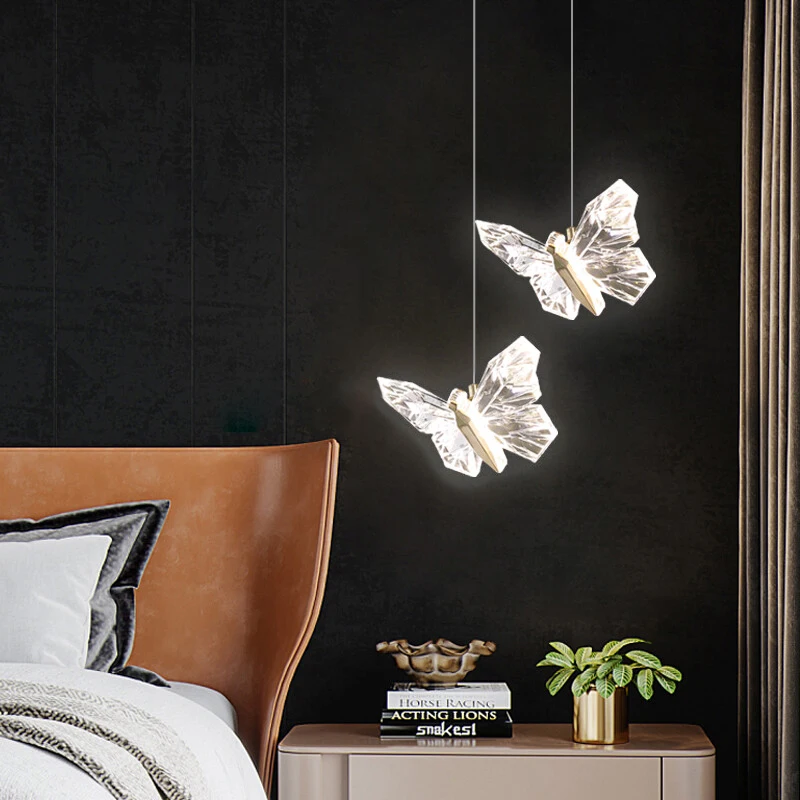 

Nordic Butterfly Crystal LED Chandelier Creative Living Room Bedroom Bedside Pendant Lights Restaurant Decorative Hanging Lamp