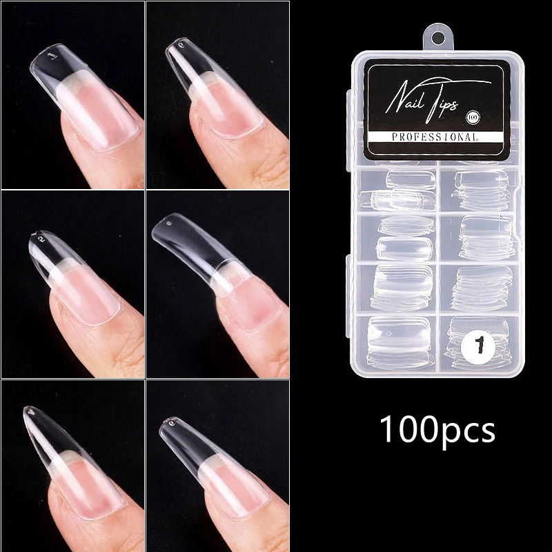 

100Pcs/Box Clear Round Coffin Full Cover Acrylic False Nail Tips Press On Fake Nails Art Decoration Manicure Accessories