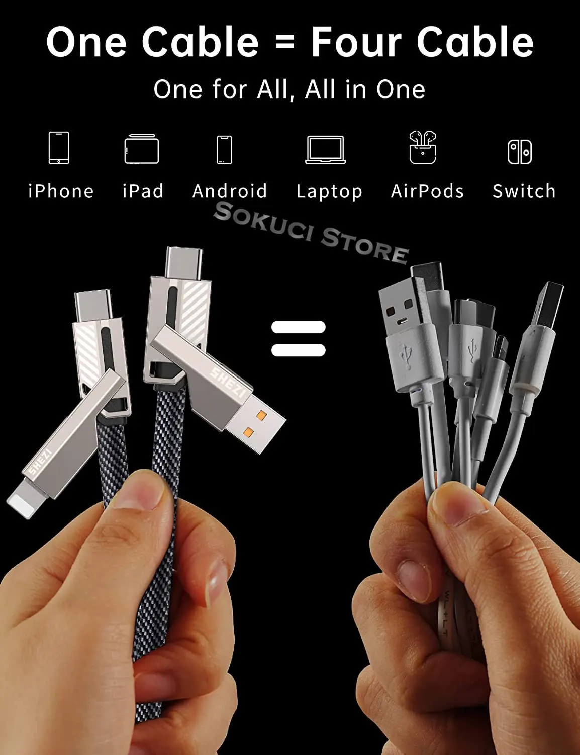 4-in-1 USB C Lightning Cable 60W PD[Fast Charging & Data Sync] Braided Anti-Tangle iPhone Charger,Multi Charging Cable Combo ios