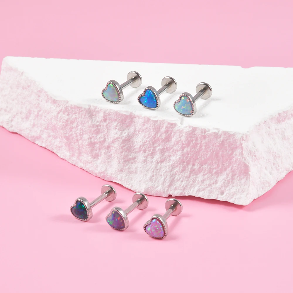 6Pcs Surgical Steel Heart Shape Opal Labret Lip Stud Ear Cartilage Daith Earrings Tragus 16G Helix Lobe Piercing Jewelry Set