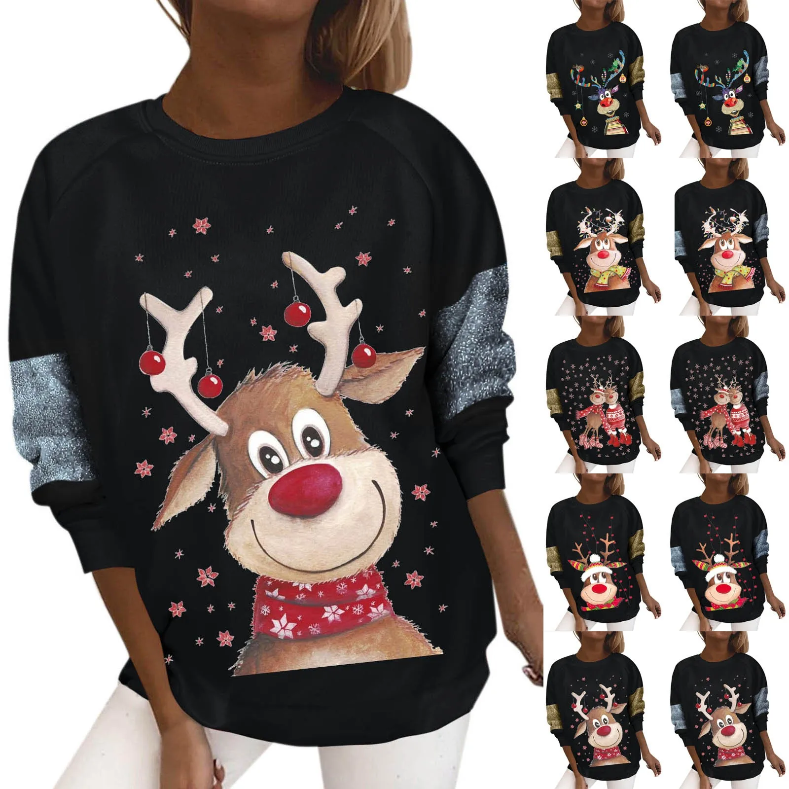 

Women Fashion Christmas Print Sweatshirt Loose Round Neck Loose Blouse Top Warm Fleece Sweatshirts Women