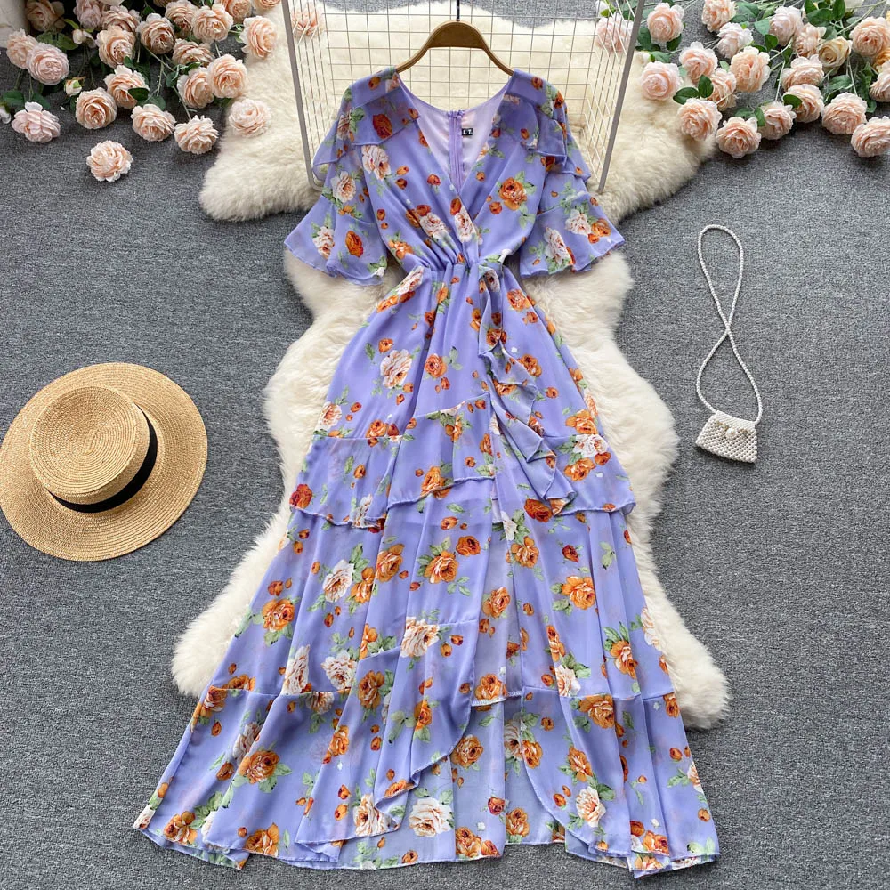 

LUKAXSIKAX 2022 новое летнее женское сексуальное платье с V-образным вырезом и коротким рукавом тонкое Длинное Платье милое асимметричное Цветочн...