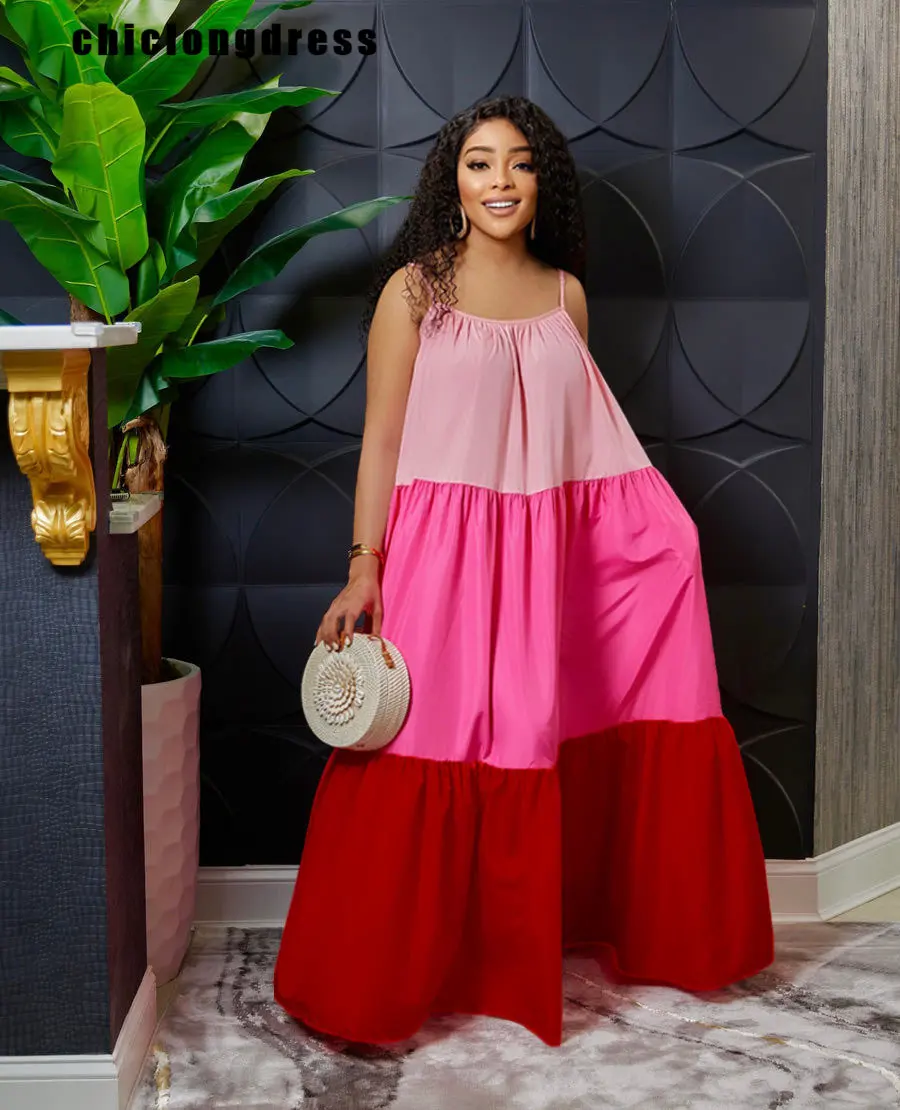 

Summer Fashion Beach Style Color-blocking Long Dress Women Elegant Halter Sleeveless Color-blocking Long Dress Women