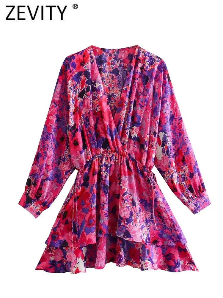 

Woen Fashion V Neck Floral Print Double Layer Ruffles A Line ini Shirt Dress Feale Chic V Neck Lace Up Vestidos DS3765