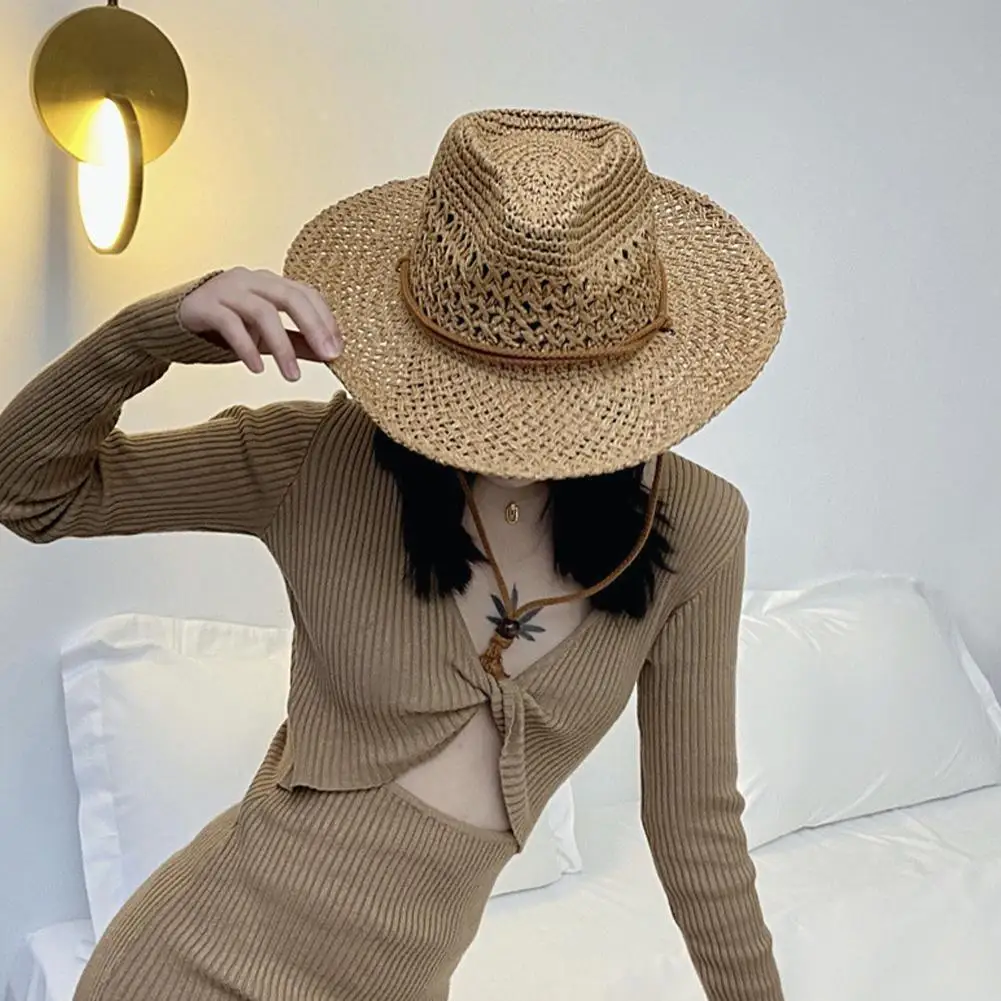 

Шляпа женская Соломенная в ковбойском стиле, модная пляжная Панама с цепочкой, соломенная Федора, праздничная шляпа, G8Q5, лето