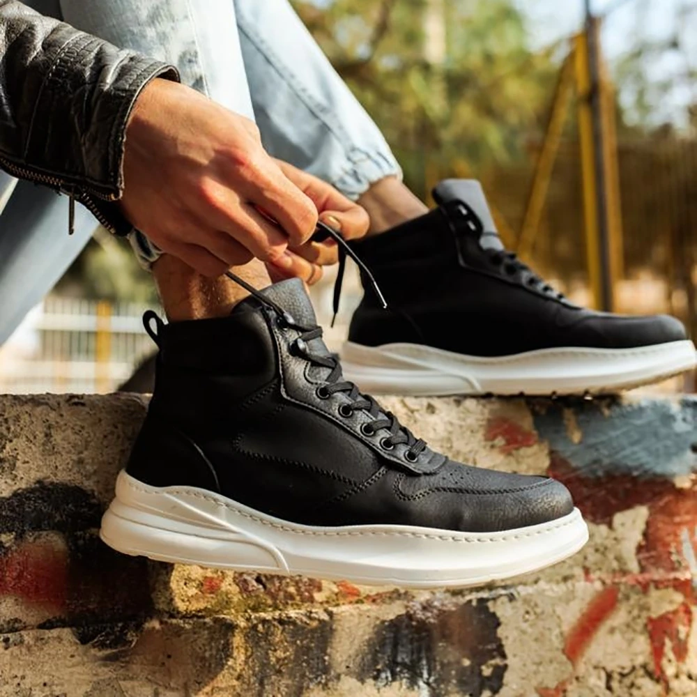 

KNACK Black Daily Boots for Men B-505 White Bottom Artificial Leather Rubber Lace-up Winter Casual Lightweight Sport Footwear Heel Fast and Free Shipping High Quality Fabric New Season Fashion Trendy 2021