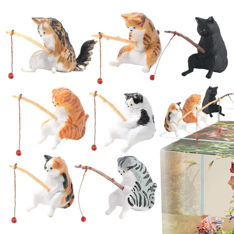 

Cats Fishing Figurine Cute Cartoon Cat Sitting Fishing Sculpture Fish Tank Landscaping Ornament Aquarium Decor Home Decor 7PCS