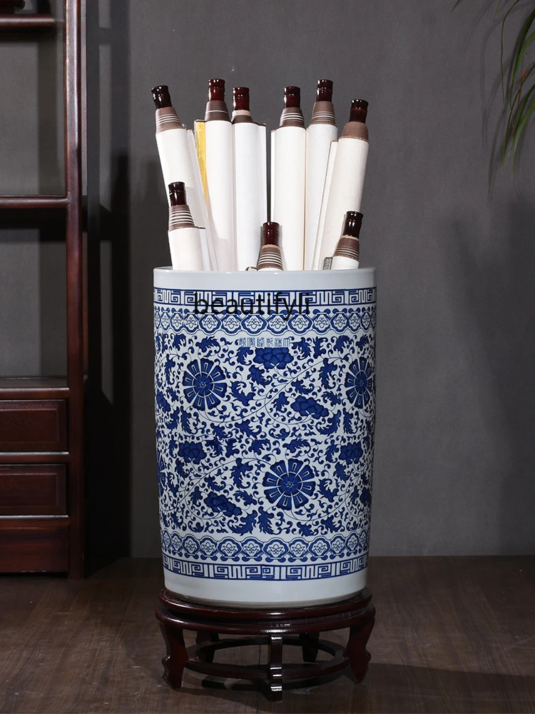 

Ceramic Decoration Chinese Large Vase Living Room Entrance Blue and White Porcelain Painting and Calligraphy Cylinder Floor