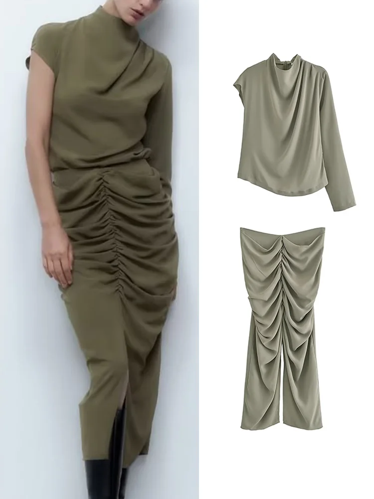 

TRAF Women Elegant Skirt Sets 2022 Summer Fashion Asymmetrical One Shoulder Blouse+Mid-Calf Folds Skirts Casual Street Outwear