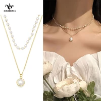 xiaoboacc 14k gold chain necklace for women fashion double layer pearl choker neck chain pendant jewelry wholesale