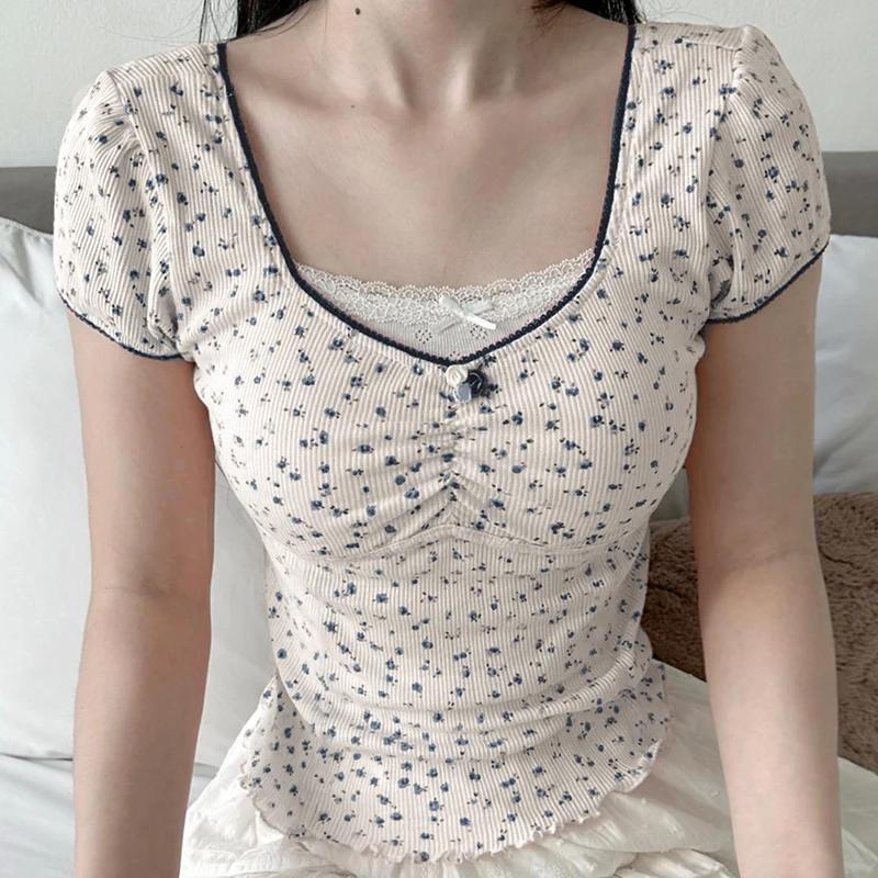 Iamhotty Y2k Женский Контрастный Кружевной Лоскутный Топ С Цветочным Принтом