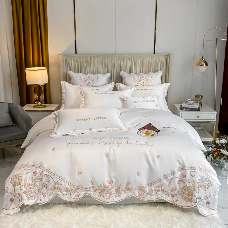 

Embroidered 4 Piece Set Pure Cotton Ice Silk European Silky Naked Sleeping Sheet Quilt Cover Summer Bedding Single Fitted Sheet