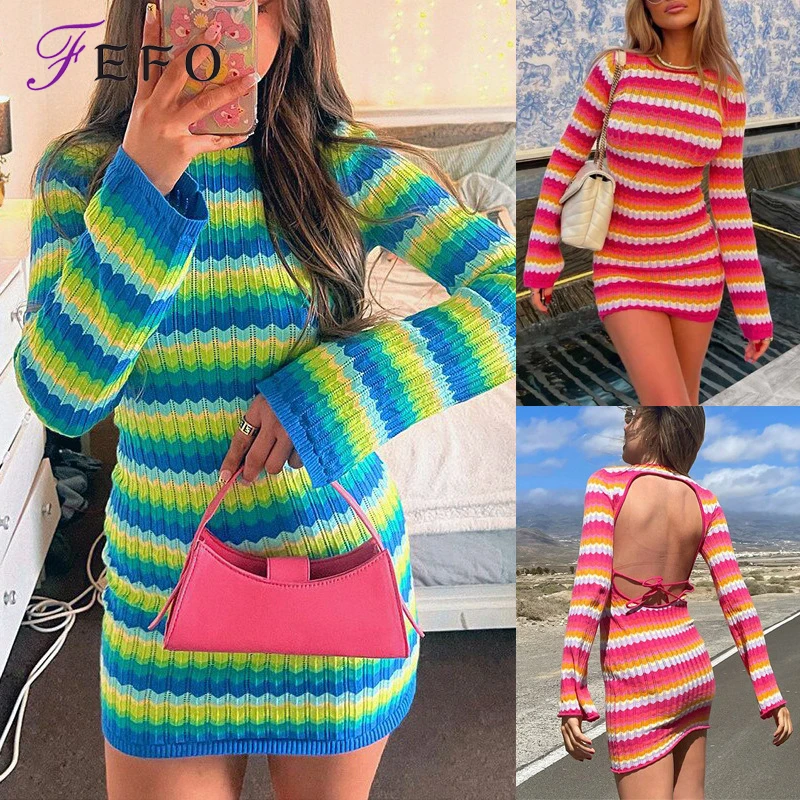 

Summer Dress Women 2022 Sexy Outfits Skirt Y2K Pink Stripe Knit Beach Dress Party Fashion Bodycon Backless Casual Mini Dress