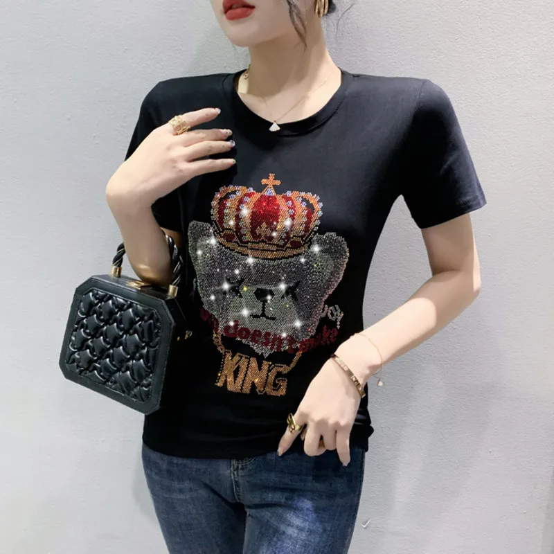 

Black White Green Red Short Sleeve T Shirt Women Diamonds Cartoon Bear Slim Korean Fashion T Shirt For Girl O-neck Summer
