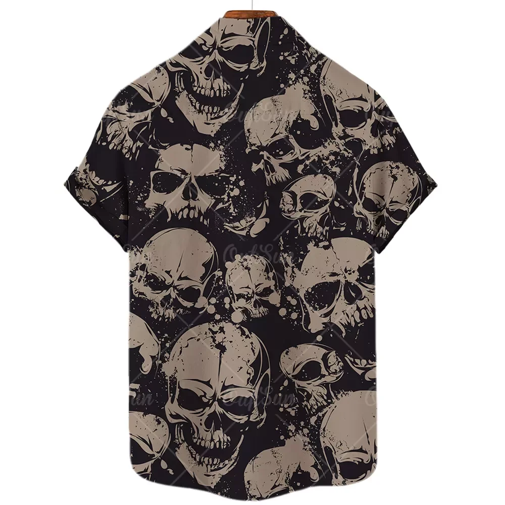 New2022 New Retro Lined for Men Skull Print Shirt Summer Fashion Statement T Shirts Women Casual Short Sleeve Hawaiian Shirt Cam