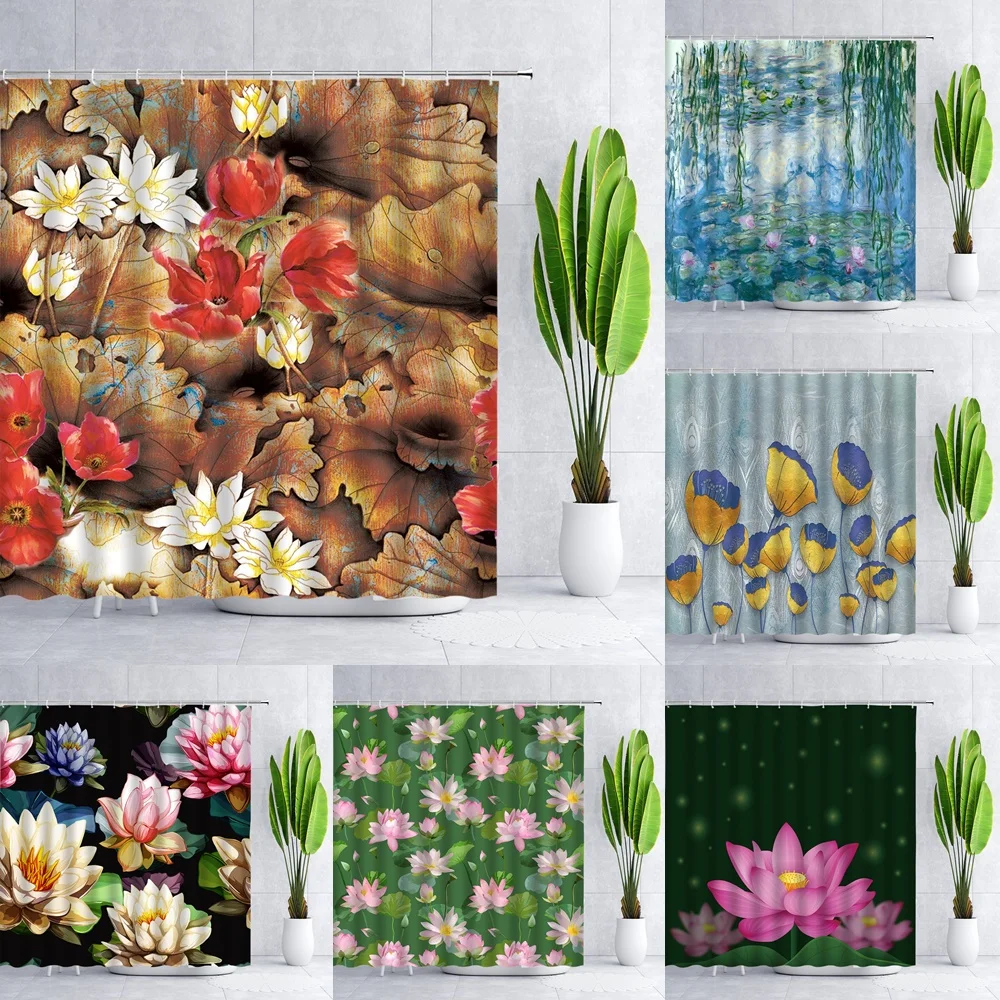 

Watercolor Lotus Shower Curtain for Bathroom Decor with Hooks Water Lilies Garden Art Summer Fowers Floral Fabric Bath Curtains