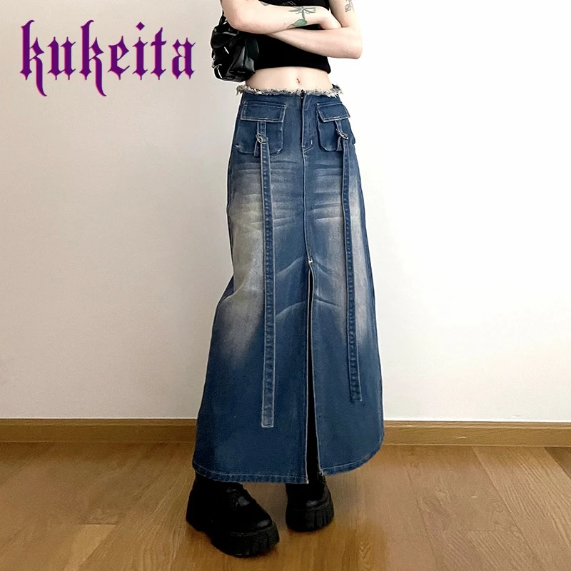 

Vintage Front Slit Streetwear Straight Pockets Skirt Y2K Casual High Raise Denim Long Skirts Women Fashion Korean Harajuku 2023