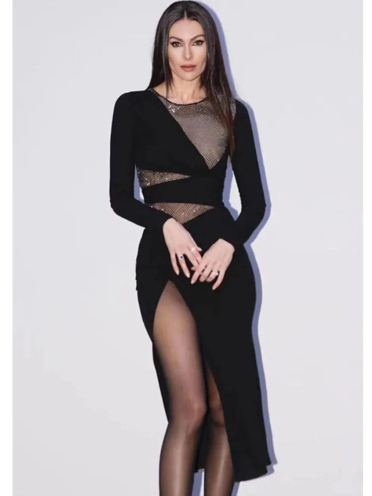 

Bodycon Bandage Dress 2023 Sexy Long Sleeve O Neck Diamonds Black Mini Women Celebrity Fashion Evening Party Dress Vestido