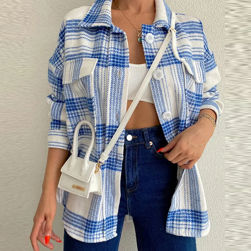 

New Fashion Plaid Print Loose Jackets Women Autumn Elegant Turn-down Collar Buttoned Long Sleeve Coats Ladies Casual Outerwear