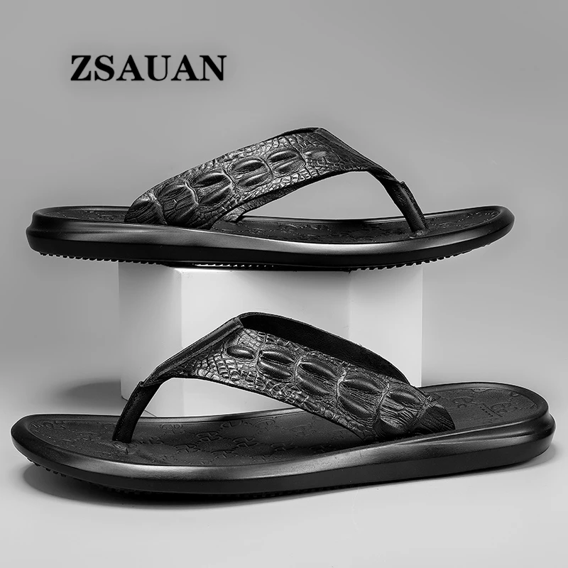 ZSAUAN Luxury Men Slippers Genuine Leather Fashion Clip Toe Casual Flip flop Indoor Crocodile Pattern Home Men Sandals