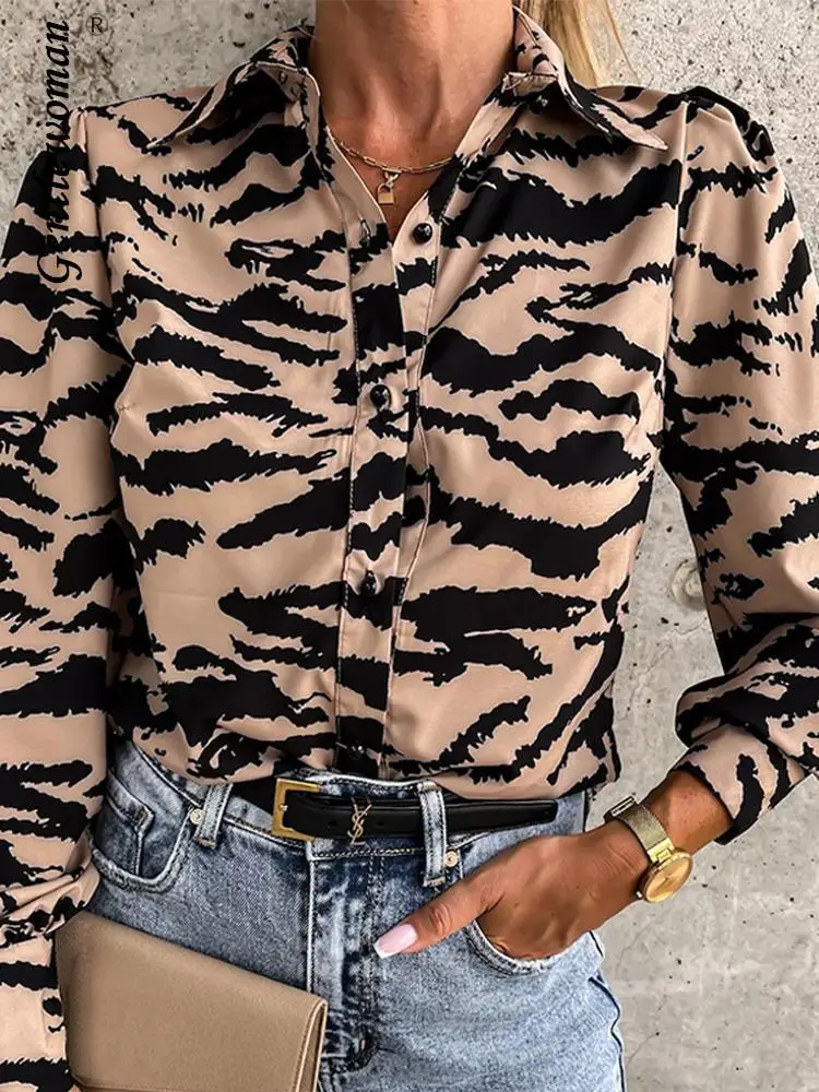 

Женская Офисная рубашка на пуговицах, элегантная винтажная блузка с леопардовым принтом, с длинным рукавом и отложным воротником, для весны