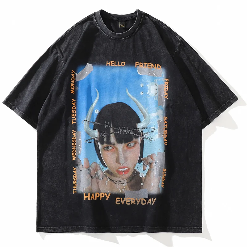 

Washed T Shirt Harajuku Streetwear Men Cow Horn Girl Print Vintage Short Sleeve Tops Unisex Summer Oversized punk Cotton T-shirt