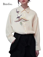 2022 autumn women exquisite branch magpie print shirt