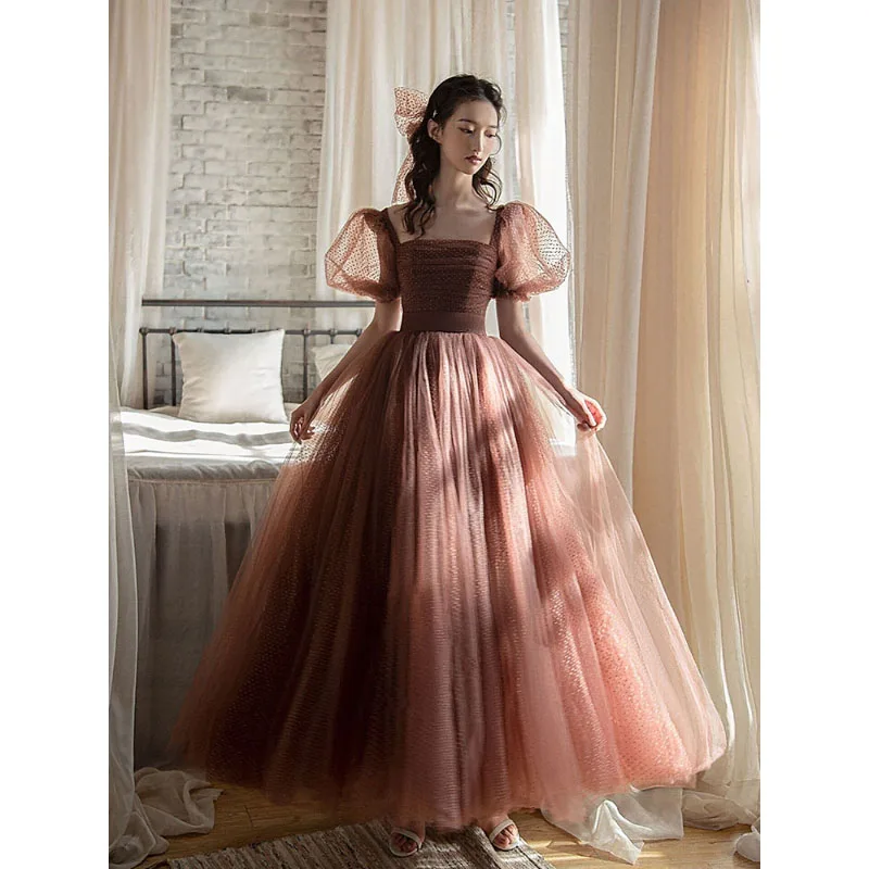 

Evening Dress Vintage High-End Square Collar Puff Sleeve Wave Point Ball Gown Tulle Elegance Simple Floor-Length Banquet Dresses