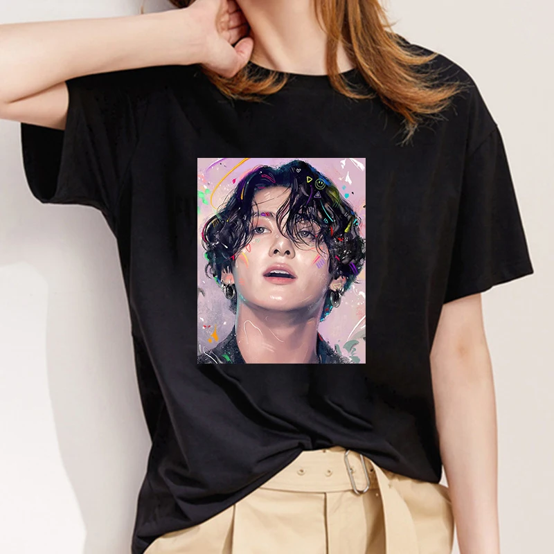 

Bulletproof Korean Boy Group Print Women Black T-Shirt Short Sleeve Harajuku JIN SUGA J HOPE JIMIN V Cartoon Girl Top T Shirts