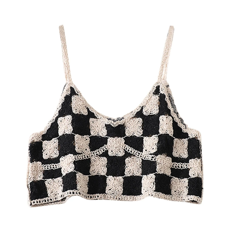 Женский вязаный крючком укороченный топ без рукавов клетчатый свитер в цветочек