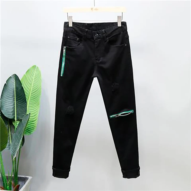 2023 Summer Men's White Jeans Zipper Decorative Ripped Tide Brand Casual Slimming Pants