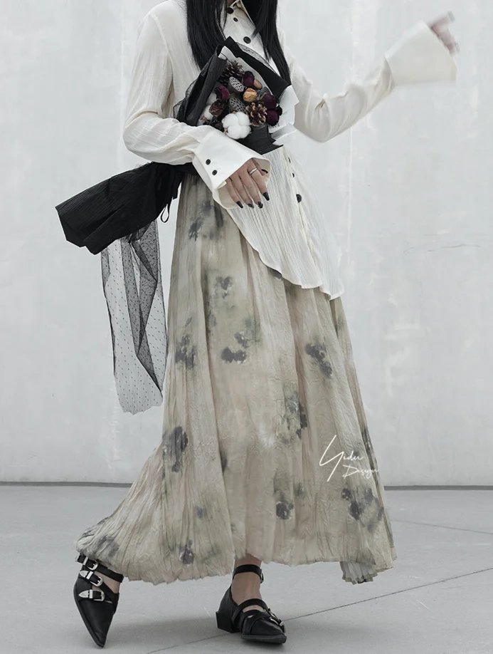 UMI MAO Новая китайская плиссированная полуюбка с принтом тай-дай ленивый стиль