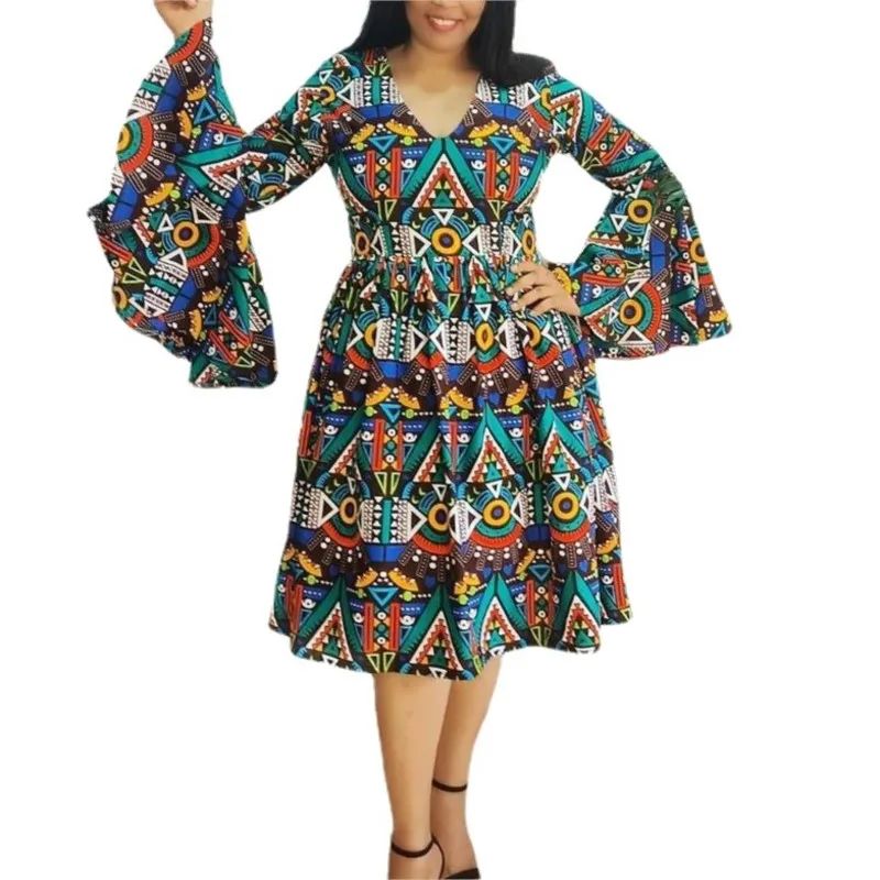 

African Dresses For Women Dashiki African Clothes Fashion Print Bell Sleeve V Neck Elegant Party Dress Ankara Robes New Arrival