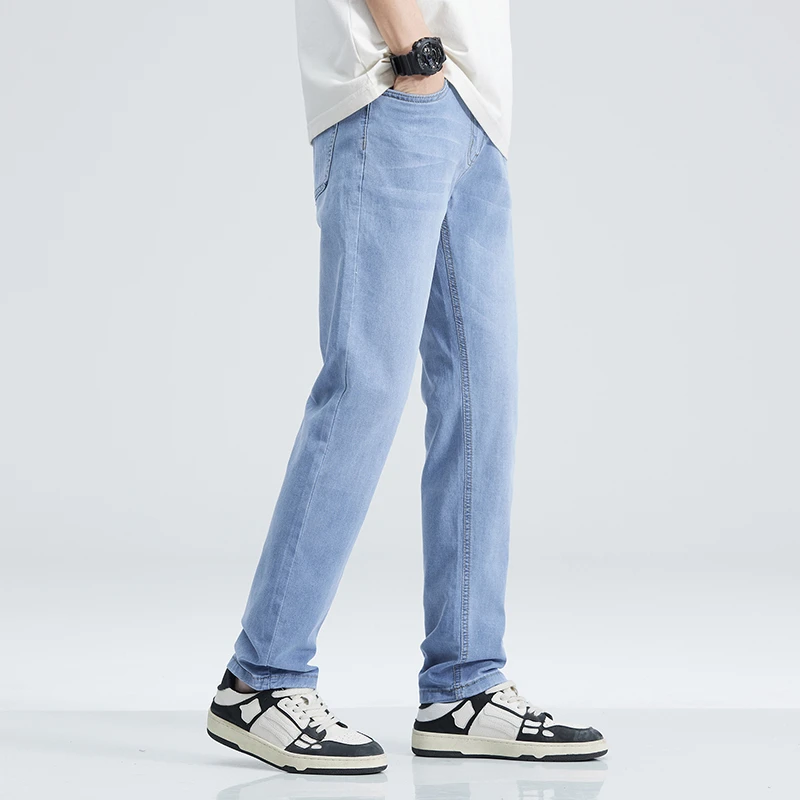 

2023 New Sulee Autumn Light Blue Classic Style Men Brand Jeans Business Casual Stretch Slim Fit Casual Straight Loose Pants