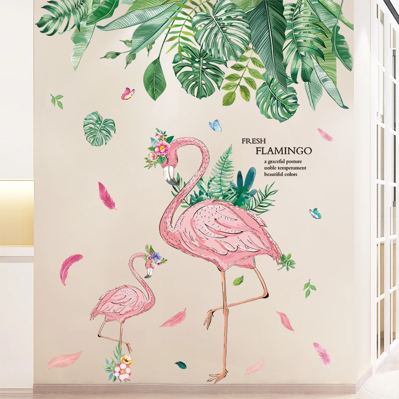 

Green Plant Leaves Wall Stickers DIY Creative Flamingo Animal Mural Decals for Kids Rooms Nursery Kitchen Home Door Decoration