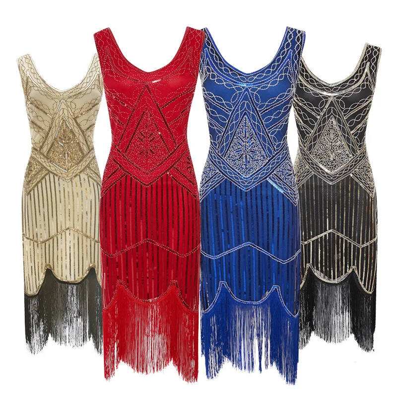 

2023 Summer Dress Vintage 1920s Flapper Great Gatsby Dress O-Neck Cap Sleeve Sequin Fringe Party Midi Dress Vestidos Verano