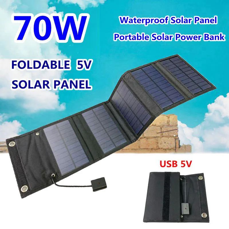 70W Foldable USB 5V Solar Panel Solar Cells Portable Waterproof Solar Panel Charger Outdoor Mobile Power for Camping Hiking