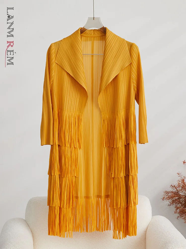 

LANMREM Сращенные кисточки Плиссированные пальто для женщин с отворотом с длинными рукавами открытые стежки пальто повседневная женская одеж...