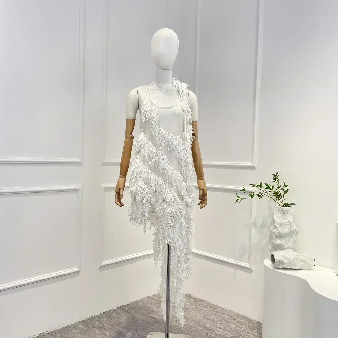 

2023 New Arrivals High Quality Handwork Tassels Sequined Backless Irregular Halter White Black Mini Dress