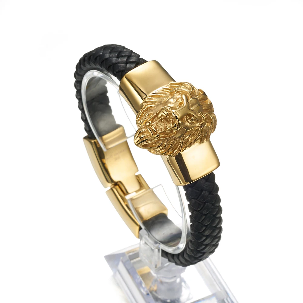 

Lion Head Bracelet for Men Stainless Steel And Black Genuine Leather Gold Color Jewelry Gift 22cm