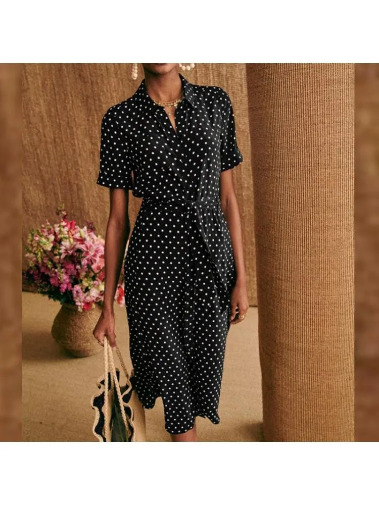 

2022 Summer French Style Retro Polka Dot Printed Single Breasted Lacing Belt Short Sleeve Black Long Chiffon Dress Women