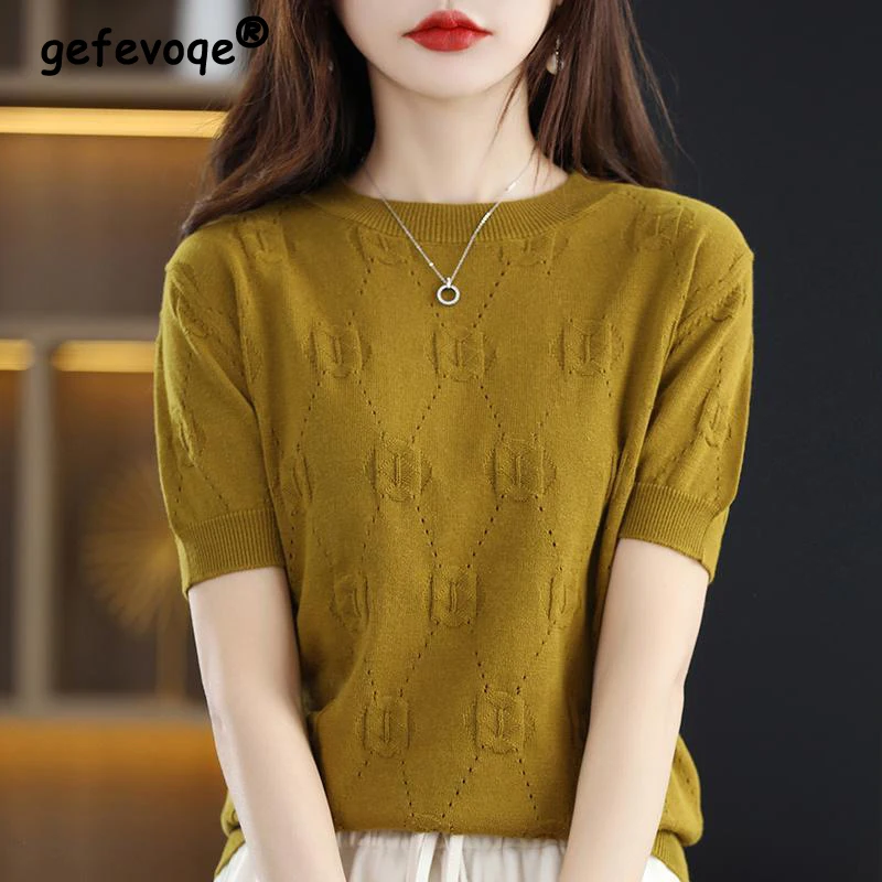 

Spring Summer New Hollow Out Knitting T-shirt Ladies Short Sleeve Loose Casual Fashion All-match Pullover Top Women Jumpers Tee