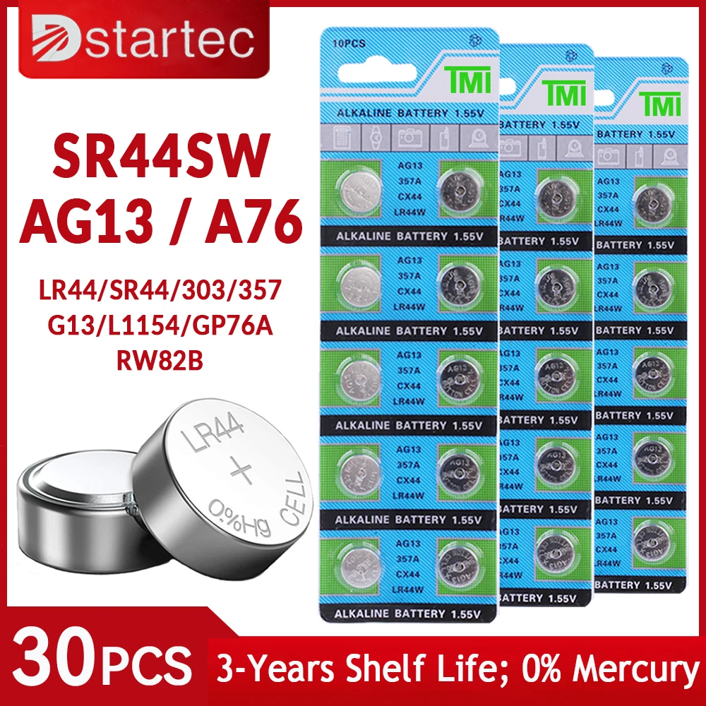 Кнопочная щелочная батарея DStartec AG13 LR44 A76, 30 шт., 1,55 в, SR44SW L1154 SP76 pila 357 303 для часов, игрушек, без ртути Кнопочная щелочная батарея DStartec AG13 LR44 A76, 30 шт., 1,55 в, SR44SW L1154 SP76 pila 357 303 для часов, игрушек, без ртути